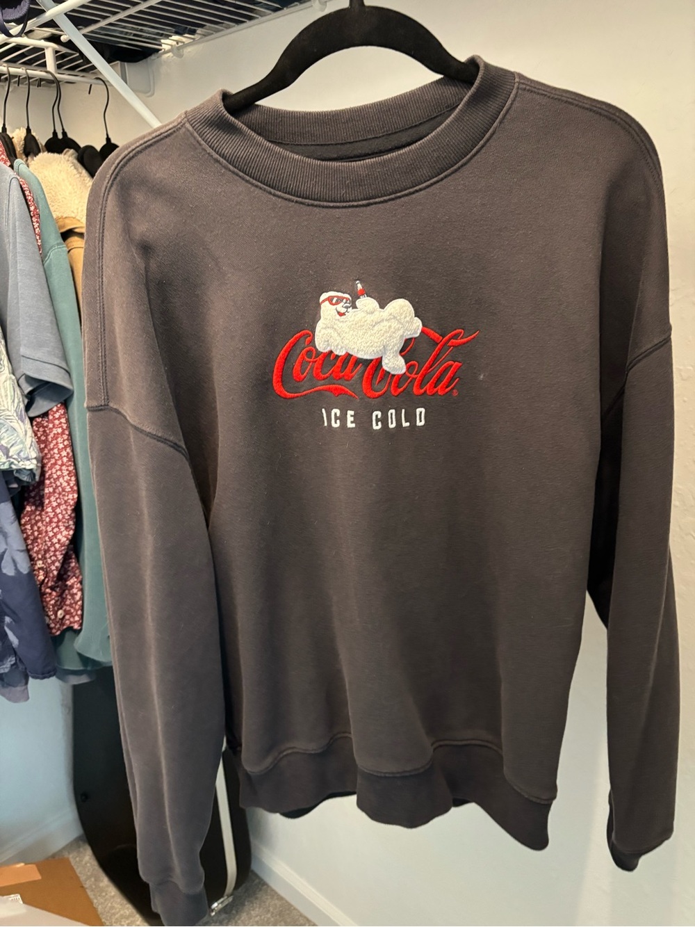 Hollister Men's Charcoal Crewneck Sweatshirt with Coca Cola Polar Bear